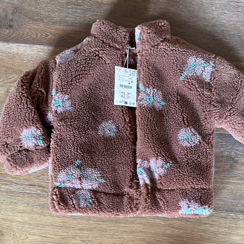 Zara Tan Sherpa Jacket with Floral Design